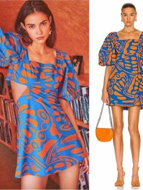 Alexis Bodhi Indigo Blue Orange Puff Sleeve Cut Out Mini Dress Size M